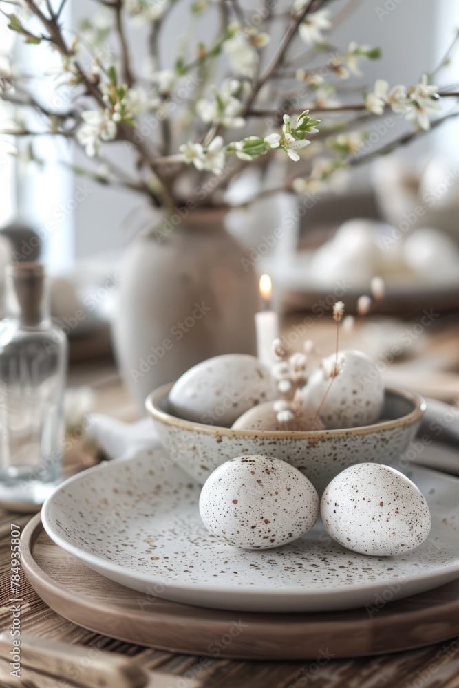 Easter holiday table with Easter eggs in a plate, spring flowers in a vase. The interior of the living room in the background. Easter holiday table with Easter eggs in a plate, spring flowers in a vase. The interior of the living room in the background.