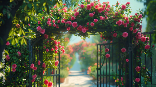 A garden gate enveloped by lush pink roses  creating a picturesque scene amidst an array of vibrant flowers  plants  leaves  and shrubs in a beautifully landscaped garden