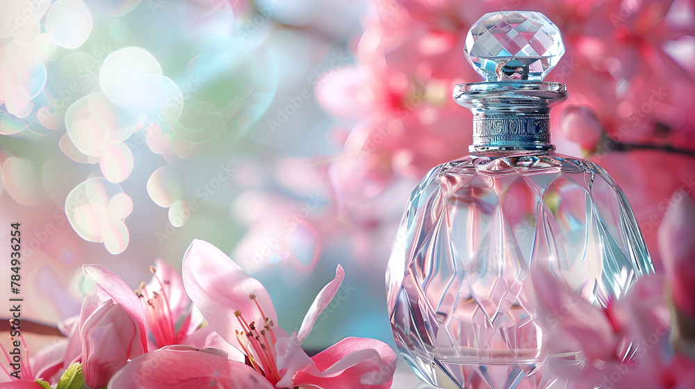 bottle of perfume with pink flowers , generative ai bottle of perfume with pink flowers , generative ai