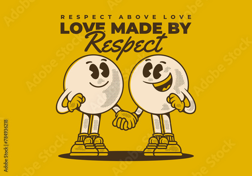 Love made by respect. Vintage character of two ball head, in hand in hand pose © Adipra