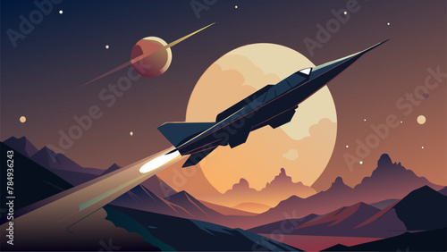Silhouetted against a distant galaxy a spacecraft powered by futuristic propulsion jets soars through the darkness of space its destination yet