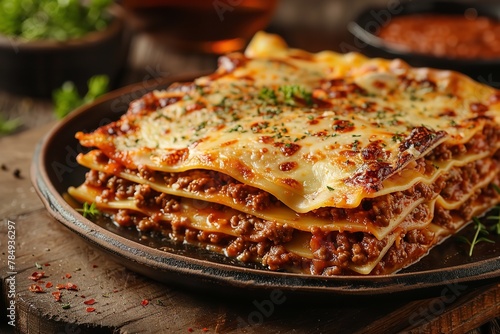 Close shot of lasagna made with minced beef bolognas kept on a tray on a wooden surface with space for text, Generative AI.