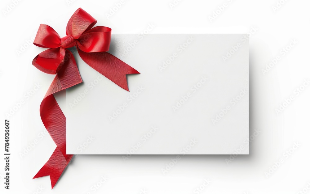 close up of a note card with ribbon bow on white background close up of a note card with ribbon bow on white background