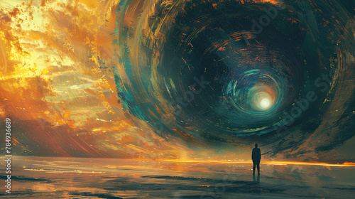 A surreal scene of a solitary figure standing on the event horizon of a black hole, with the distorted spacetime creating a mesmerizing visual effect Painting style with silhouette lighting
