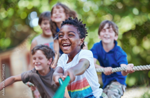 A group of children playing tug-of-war outdoors, laughing and having fun together on a summer day.