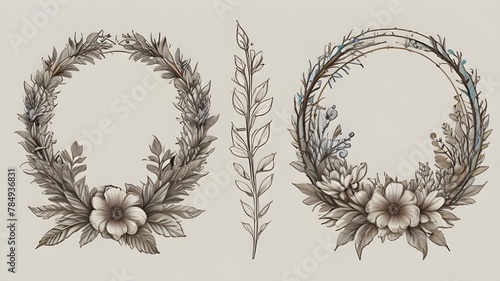 laurel wreath vector illustration Beautiful spherical floral frames with hand-drawn contour lines depicting blossoming flowers set on a white background. Collection of vintage laurel wreaths. a group  photo