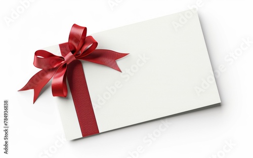 close up of a note card with ribbon bow on white background