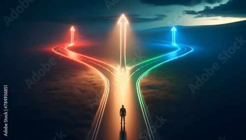A person standing at a fork in a road that splits into three paths, each illuminated by a different colored light.
