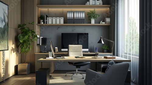 A modern home office and desk   Ergonomic chair and creatively designed wall