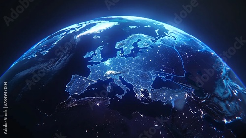 a holographic globe showing a map of the continent of Europe. data traffic technology concept on the european continent. internet bandwidth at the speed of light. ai generative