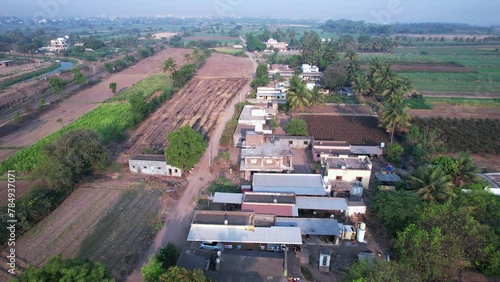 Aerial view of a village in the countryside near Pune India.