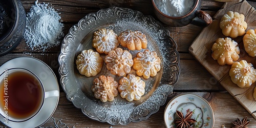 Arabic traditional deleterious treats, such the lovely maamoul cookies laden with powdered sugar, are shared over Eid ceremonies and space, Generative AI.
