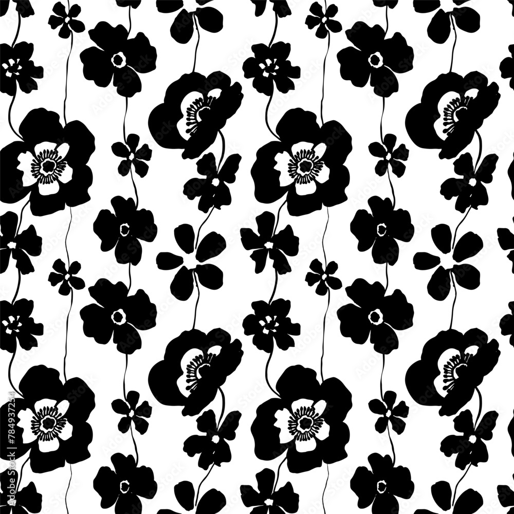 Vector seamless pattern blooming flowers anemone, peony or rose . Flowers Japanese style grunge, black and white texture. Monochrome creative botanical wallpaper design Vector seamless pattern blooming flowers anemone, peony or rose . Flowers Japanese style grunge, black and white texture. Monochrome creative botanical wallpaper design