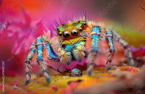 A macro photo of an elegant jumping spider with vivid colors, holding its prey in front of it.