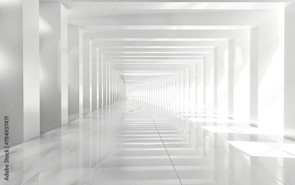 Futuristic abstract 3D white background, has ground, perspective point of view