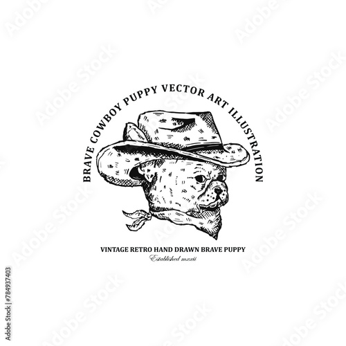 Vintage retro hand drawn cute cowboy dog with cowboy hat and mask vector illustration