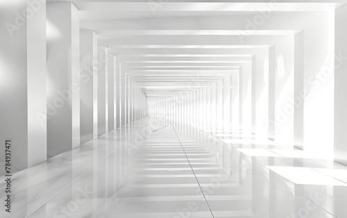 Futuristic abstract 3D white background, has ground, perspective point of view