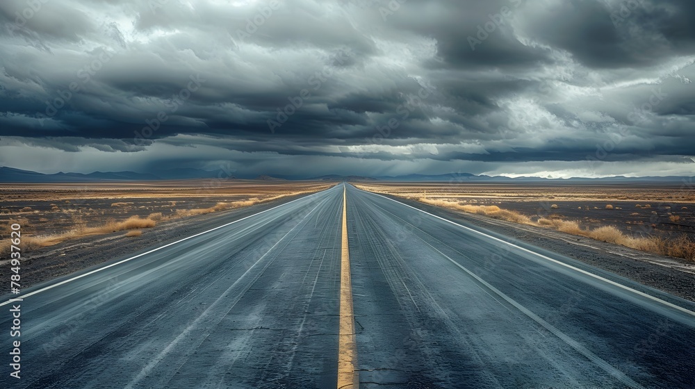 Endless Expanse:A Desolate Road Stretching into the Vast,Cloudy Horizon
