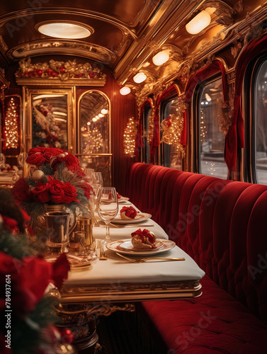 interior of a vintage train car decorated with Christmas vibes, extravagant rococo style, with Europe architecture view outside window