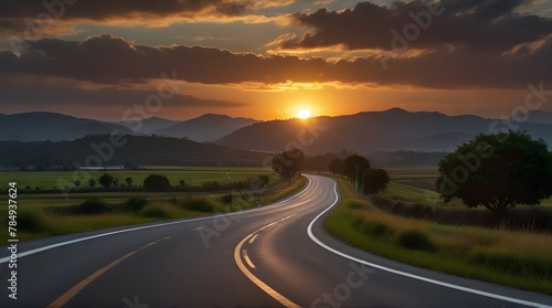 beautiful sun rising sky with asphalt highways road.generative.ai  © Zartasha