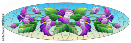 An illustration in stained glass style with a floral arrangement of Calla flowers, purple Calla and leaves on a blue background