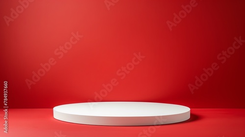 Beautiful round palstic empty podium with space for a product, light Red  background photo