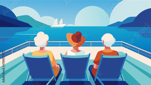 Three senior women relaxing in plush deck chairs on the cruise ships spacious pool deck admiring the stunning coastal views as their ship glides