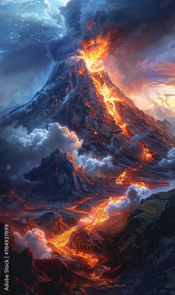 A towering volcano with billowing smoke and fiery lava flowing down its slopes
