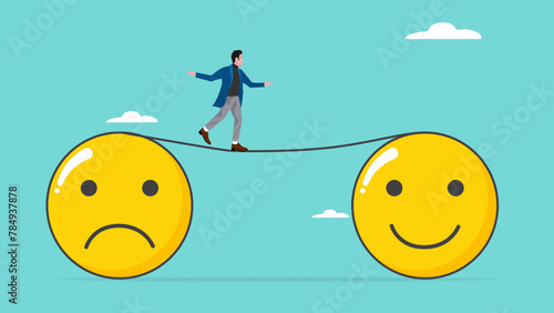 depressed businessman walking from sad to happy emoticon, Relaxation make anxiety or stressed to happy, relieve stress or problem concept, stress management
