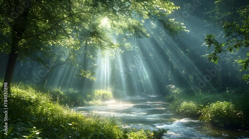 Serene Forest Landscape with Flowing River and Sunlight Streaming Through Lush Canopy in Soft Digital Painting Style for Website Background