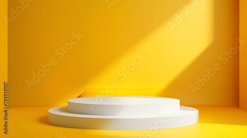 Beautiful round palstic empty podium with space for a product, yellow background photo