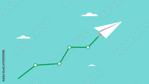 paper plane pulling line graph up rising into the clouds, Business earning growth, Stock market soaring, economic prosperity concept, investment sales growth