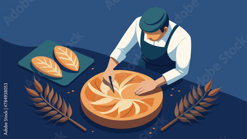An overhead shot of a baker carefully shaping a decorative wheat design on top of a round crusty loaf adding the final touch to a work of art