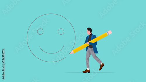 happiness, motivation or enthusiasm to live a happy life, positive thinking concept, happy businessman uses a pencil to draw a smiley face icon on the wall