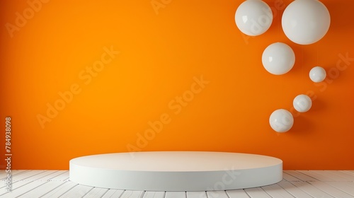 Beautiful round palstic empty podium with space for a product, orange background photo