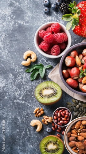 Wallpaper Mural Assorted superfoods in containers on a solid colored background. A variety of superfoods in small bowls, surrounded by fresh fruits, nuts, and vegetables, highlighting a healthy lifestyle Torontodigital.ca