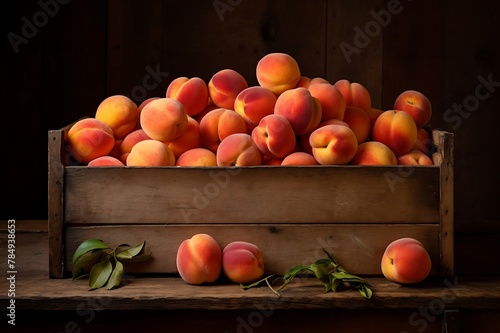 Peachs in wooden crate. Fresh Peachs