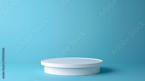 Beautiful round palstic empty podium with space for a product, ligth blue background