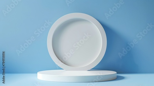 Beautiful round palstic empty podium with space for a product, ligth blue background photo
