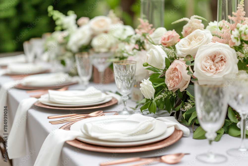 Elegance table setting with dusty rose and cream wedding flowers in spring garden. Elegance table setting with dusty rose and cream wedding flowers in spring garden.