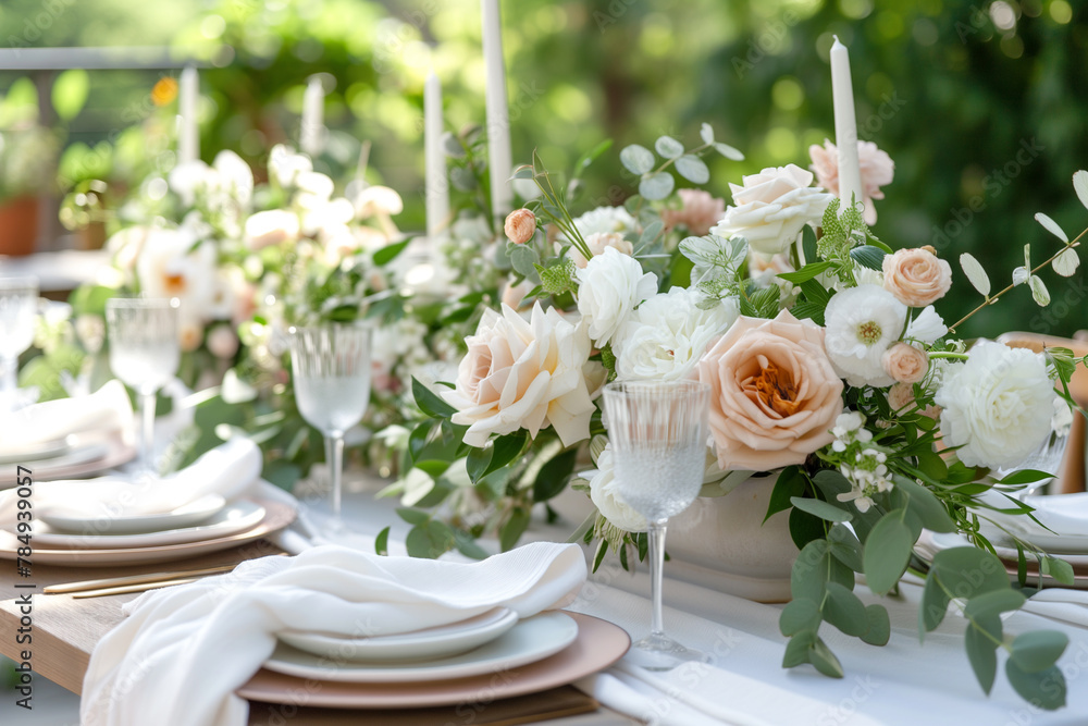 Elegance table setting with dusty rose and cream wedding flowers in spring garden. Elegance table setting with dusty rose and cream wedding flowers in spring garden.