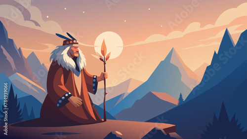 In a clearing deep in the heart of a rugged mountainside an aged shaman adorned in animal furs and feathers performs a sacred ritual to honor