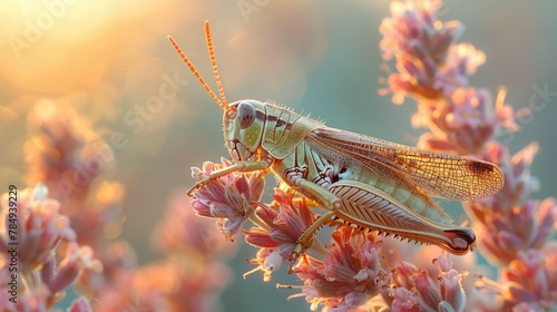 Playful Grasshopper Chirping Cheerfully in a Sunlit Meadow, Adding Melody to Nature's Symphony. © pengedarseni
