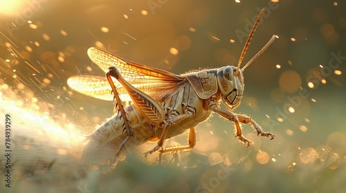 Graceful Grasshopper Leaping Across a Sun-Drenched Meadow, Its Movement Captivating.
