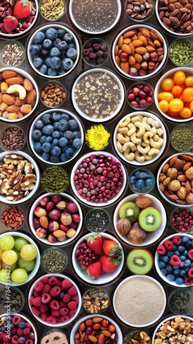 Assorted superfoods in containers on a solid colored background. A variety of superfoods in small bowls  surrounded by fresh fruits  nuts  and vegetables  highlighting a healthy lifestyle