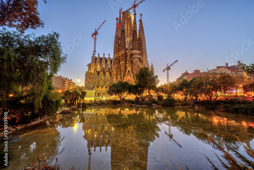 The famous Sagrada Familia in Barcelona after sunset