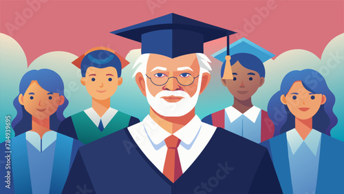 A senior citizen proudly wears a graduation cap and gown surrounded by a diverse group of younger classmates who have become like family during
