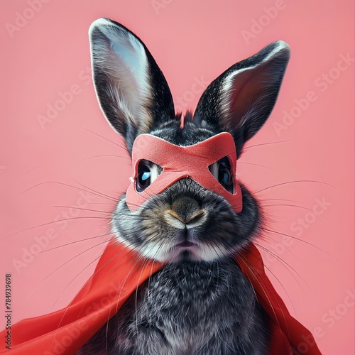 Bunny in a superhero mask and cape, ready for action, pink background photo