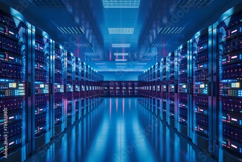Bright rows of server racks fill a modern data center room photo