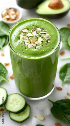 a picture of an Energizing green smoothie, from a profile perspective, low angle